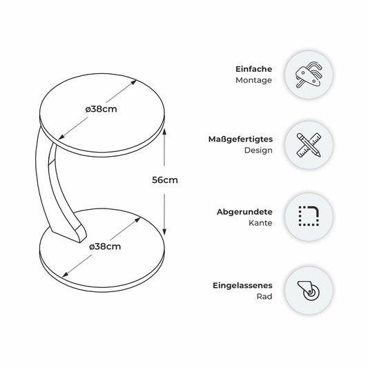 sugodesign Couchtisch mit Rollen, Kleiner Beistelltisch C Form, stylischer Sofatisch in schöner Smoky-Oak-Optik, runder Tisch als Ablagefläche für Couch und Sofa, Beistelltisch Couch
