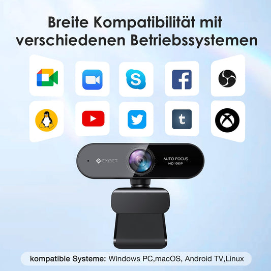 EMEET 1080P Webcam mit 2 Mikrofon - NOVA Full HD Webcam mit Autofokus, Streaming Webkamera mit Low-Light Korrektur, 73 ° Sichtfeld, Plug & Play, 360 °Drehung, für Skype, Zoom, Konferenzen, Streaming