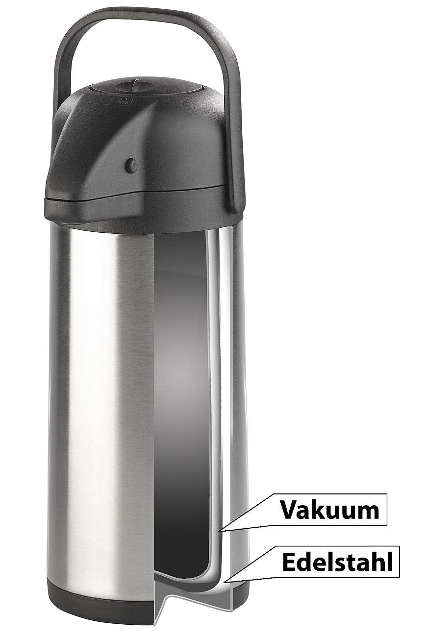 Rosenstein & Söhne Teekanne: 2er-Set doppelwandige Vakuum-Isolierkannen mit Pumpsystem, je 3 l (Edelstahl-Pump-Vakuum-Isolierkanne, Iso-Pumpkanne, Isolierbecher)