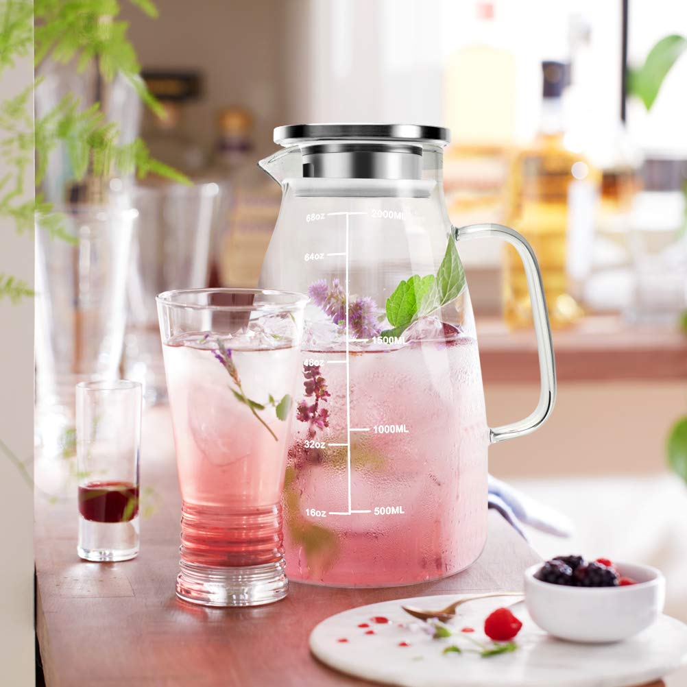 Aofmee Karaffe, Karaffe 2 Liter, Glaskaraffe, Wasserkaraffe, Karaffe Glas, Glaskaraffe mit Deckel, Wasserkrug, Glaskrug, Wasserkaraffe mit Kühlung, Eistee Krug Saft Krug, Getränkekaraffe Glaskanne