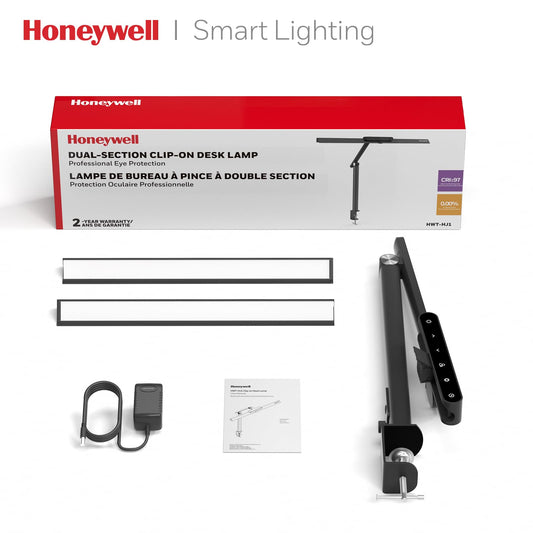 Honeywell LED Schreibtischlampe Büro - HJ1 Sunturalux™ Augenschonende Schreibtischlampe mit Klemme für Büro Zuhause, Dimmbare Touch-Schreibtischleuchte Flexible Zwei-Sektions-Architekten-Klemmleuc