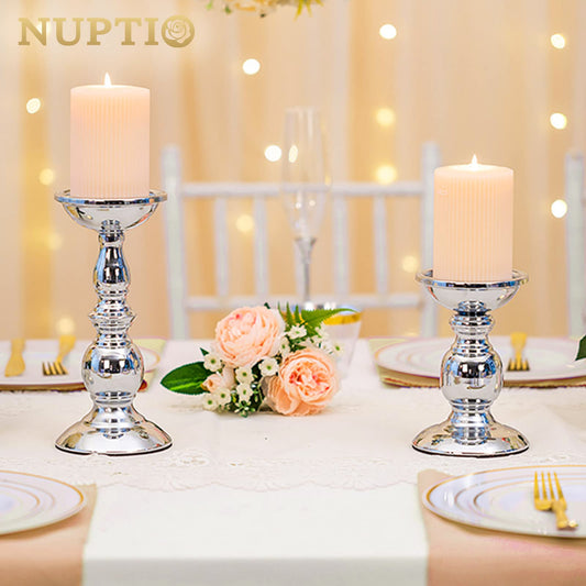 NUPTIO Säulenkerzenhalter Metallkerzenhalter Ideal für 80mm Kerzen, Silberner Kerzenhalter für Wohnzimmer, Gärten, Spa, Aromatherapie, Weihrauchkegel, Hochzeit, Party, 2 Stück