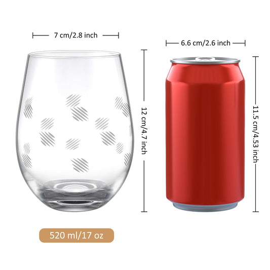 Joeyan 520ml Handgefertigtes Gravierte Stiellose Rotweingläser, 4er-Set Klassischen Weißweingläser mit Linie Dot Muster, Weingläser Ohne Stiel, Lowball-Cocktailgläser, Spülmaschinenfest, Idee Geschenk