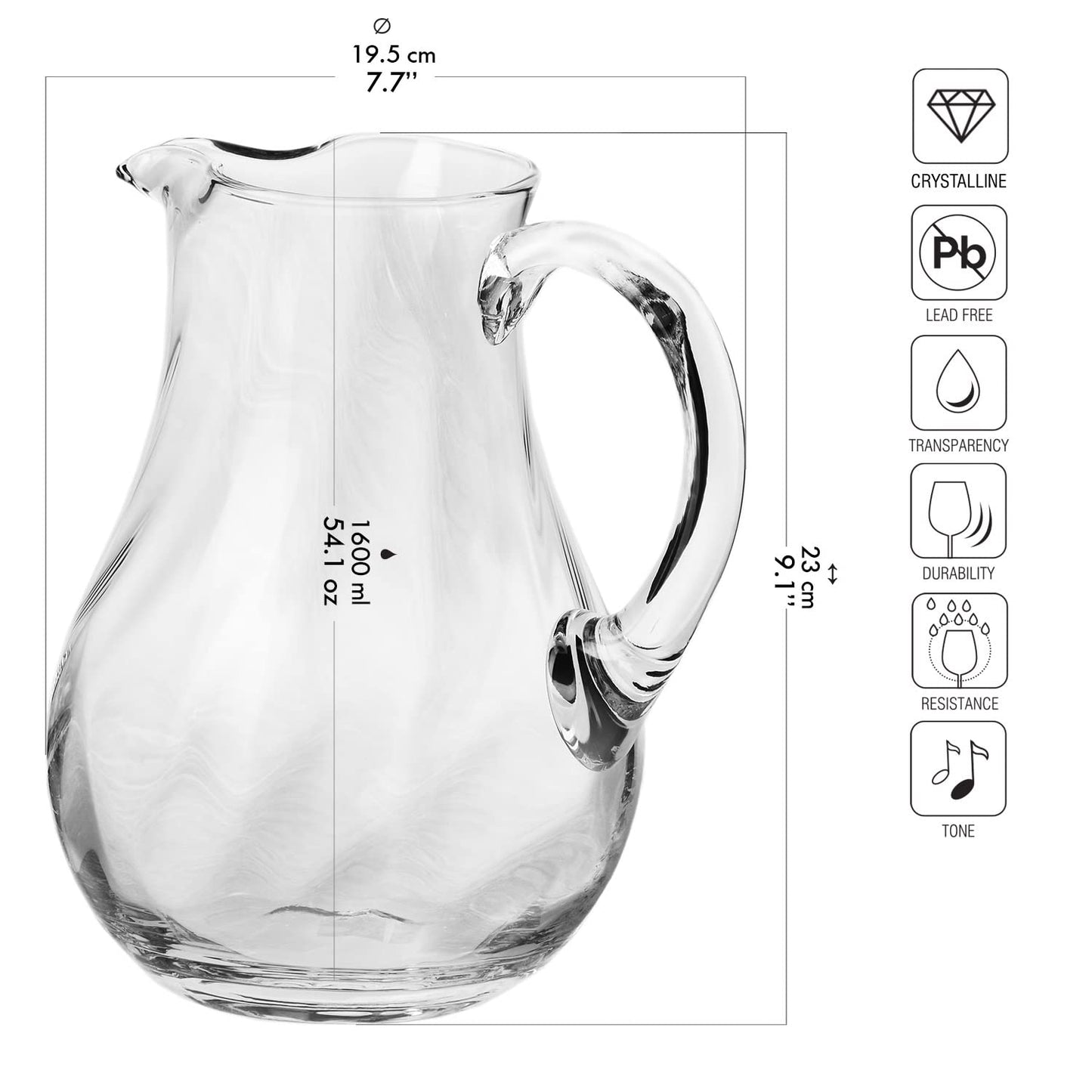 Krosno - Wasserkrug Glaskrug 1600 ml Romance Kollektion - Crystalline Glas Weinkaraffe Rotwein Wasserkaraffe Karaffe für Getränke Glaskaraffe Wasser und Säfte Whisky Ice