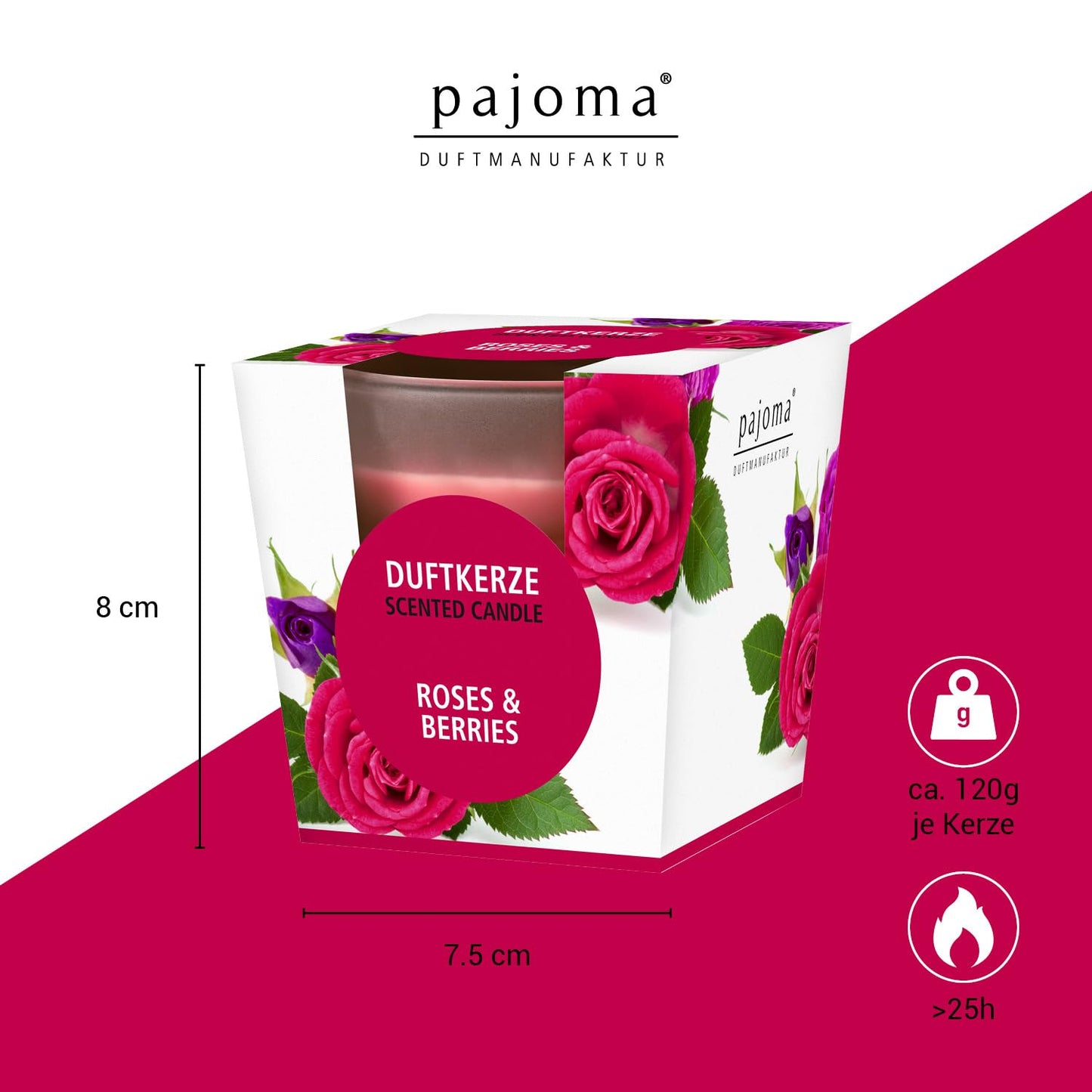 pajoma® Duftkerze, Roses & Berries - im satinierten Glas | 120g Wachsgewicht, Brenndauer: 25 Stunden, in edler Geschenkverpackung | Premium Qualität