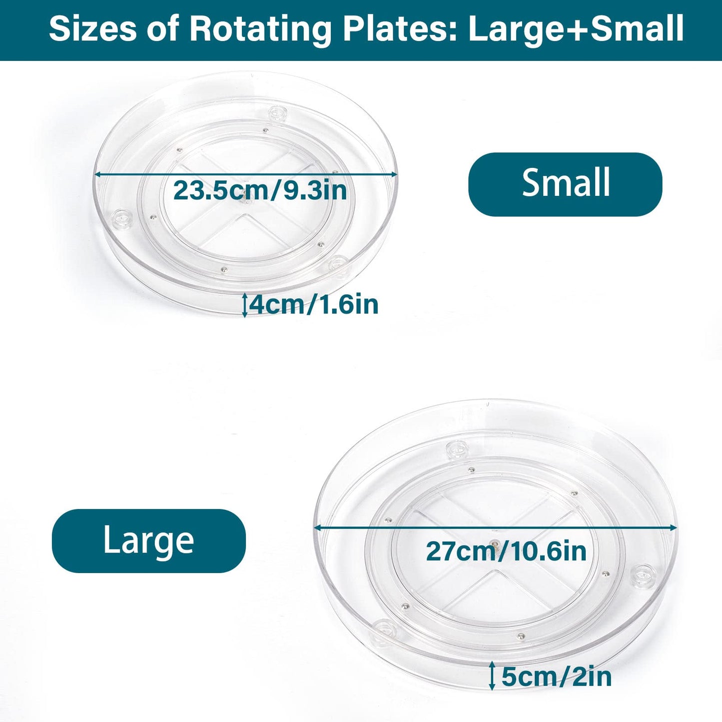 LUZOON Kühlschrank Organizer 2 Stück:27+23cm, Schrank Organizer Küchen Lazy Susan 360° Drehbarer Gewürzhalter – Transparent (Transparent, 2PCS:27cm+23.5cm)
