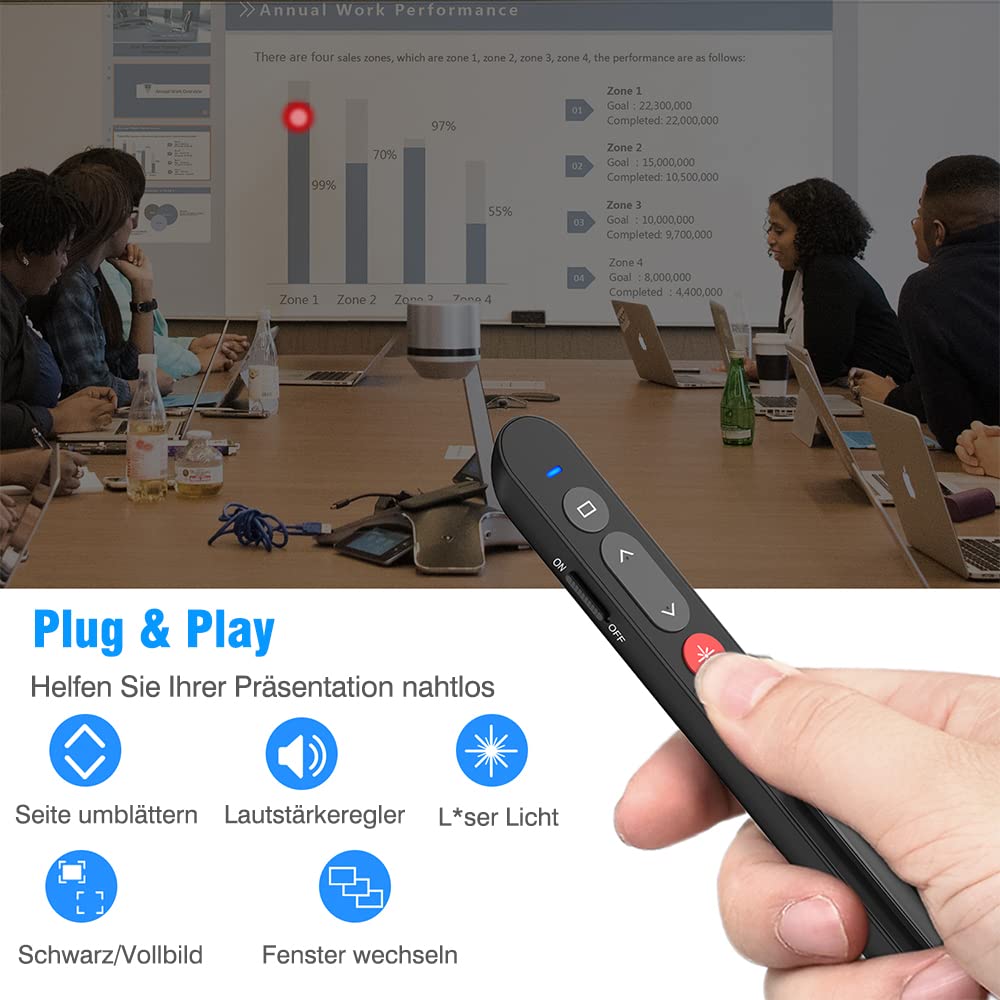 HASACOOL Presenter, 2.4 GHz Powerpoint Fernbedienung via USB Empfänger, Rot Pointer für Präsentationen mit Stiftclip, Präsentationsfernbedienung für Windows/Mac OS/Android/Linux/Keynote/PPT