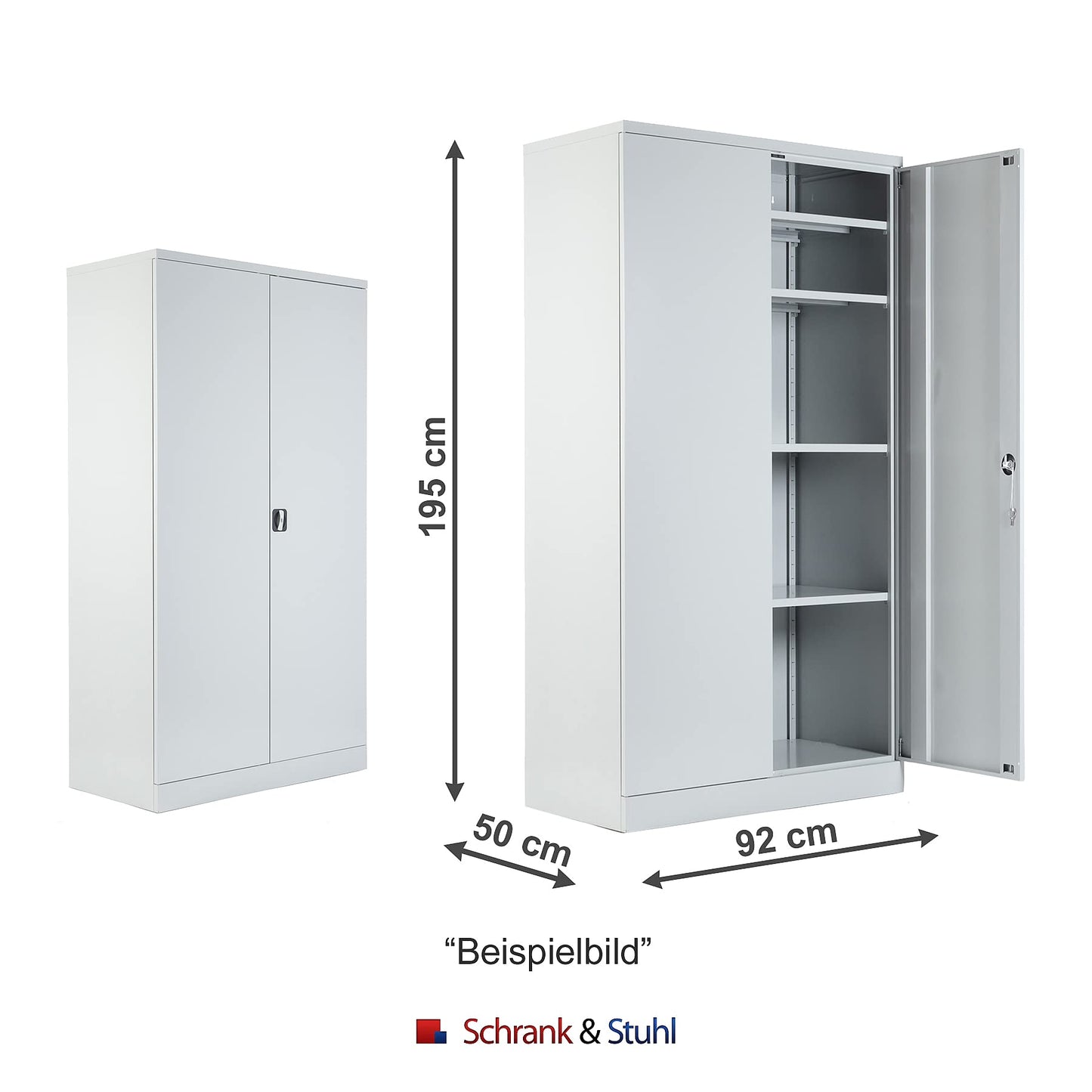 Schrank & Stuhl XL Werkzeugschrank – Stabiler Stahlschrank mit 4 höhenverstellbaren Fachböden, abschließbar, Grau/Weiß, 195 x 92 x 50 cm