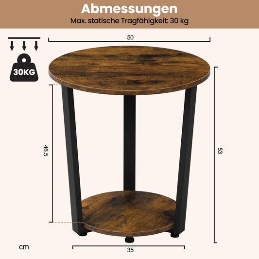 WOLTU Couchtisch rund, Beistelltisch modern, Wohnzimmertisch klein, Sofatisch mit 2 Ablagen, Wohnzimmer Tisch für Couch, Nachttisch, mit Stauraum, aus Holzwerkstoff, Rustikales Braun, BTS13vbn