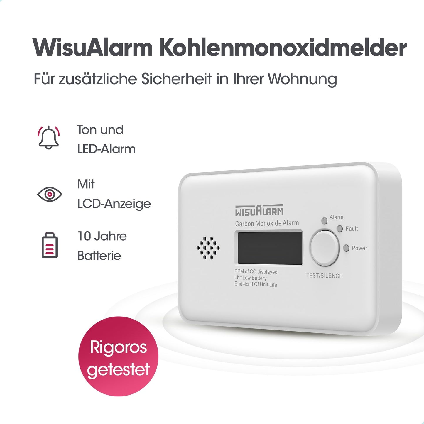 Kohlenmonoxid Melder, CO Melder, 10 Jahre Batterie kohlenmonoxid messgerät, CO Warner mit LCD Display und Test/Silence Taste, TÜV Zertifiziert nach EN 50291