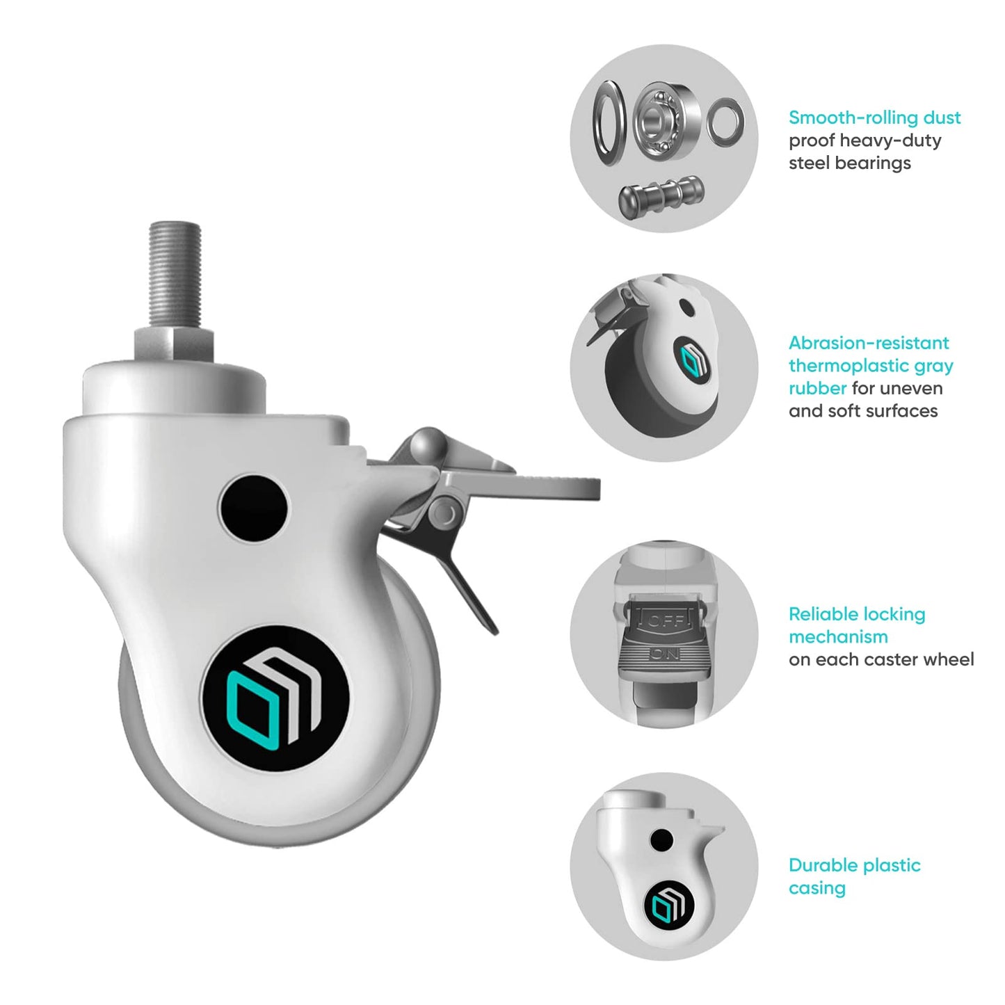 ONKRON Designer TV Ständer Räder ⌀75 mm für Mobile TV Ständer TS1551, TS1552, TS1881, TS2771 mit elastischem Gummi, doppelte Fixierung, Kunststoffgehäuse 4er-Set AWL75 Weiß