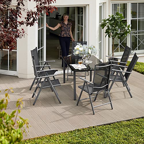 tectake® Sitzgarnitur Aluminium Klappstühle, Lounge Set mit 6X Stühle und 1x Glastisch Esstisch, Gartenmöbel Set wetterfest für den Balkon, Gartenstühle, Terrassenmöbel, Liegestuhl - anthrazit