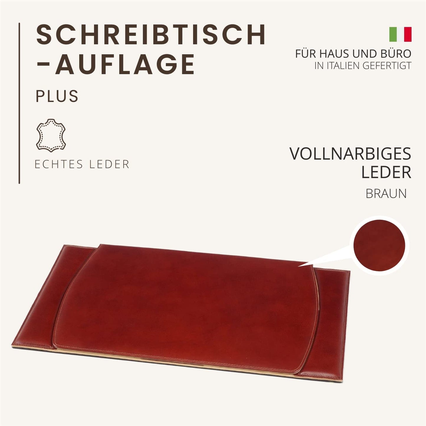 Schreibtisch-Auflage - 100% vollnarbiges Leder – Von fachkundigen Handwerkern in Italien von Hand gearbeitet – Elegant, Weich und Robust - Bedeckt den Schreibtisch, Schützt vor Kratzern - Braun