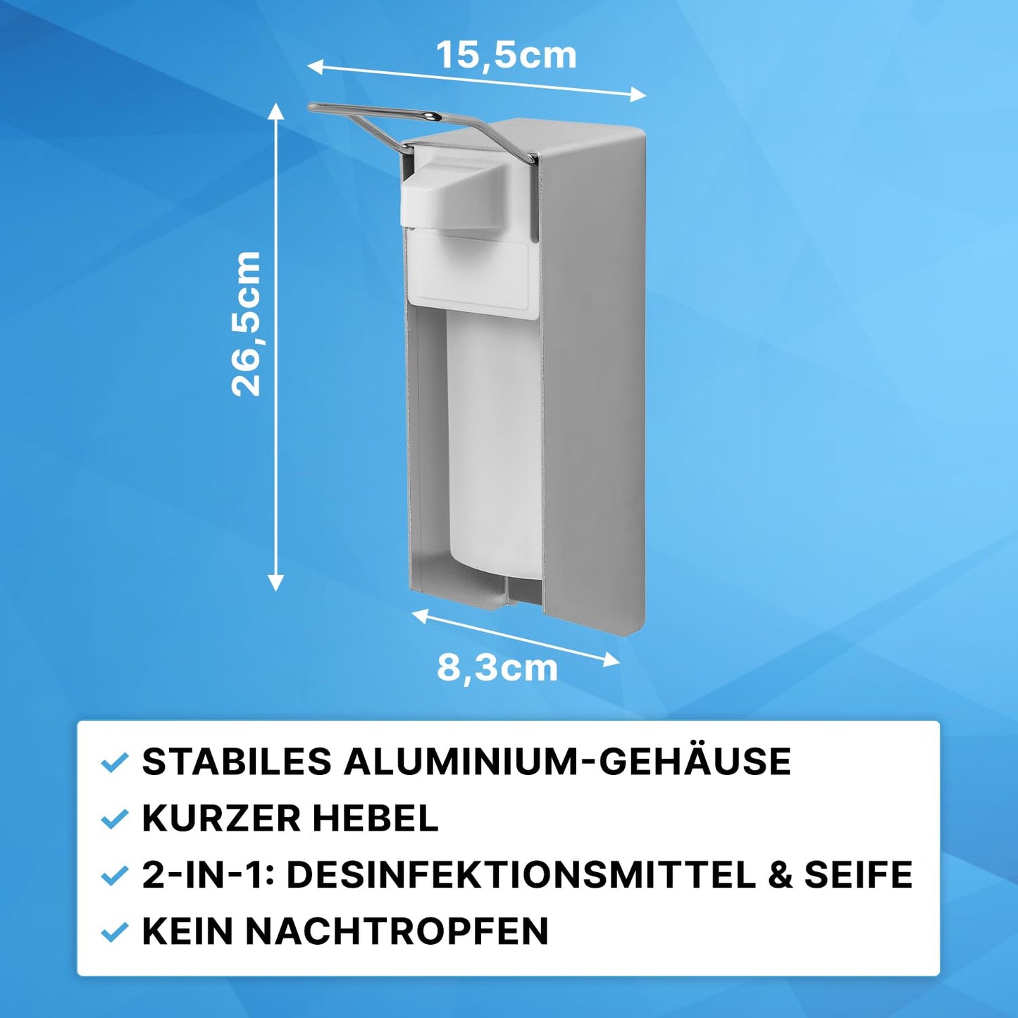 1x ARNOMED Desinfektionsspender Aluminium, Seifenspender für 500ml, kurzer Armhebel, Seifenspender zur Wandbefestigung, Eurospender für Desinfektionsmittel, Soap Dispenser, Desinfektionsmittelspender