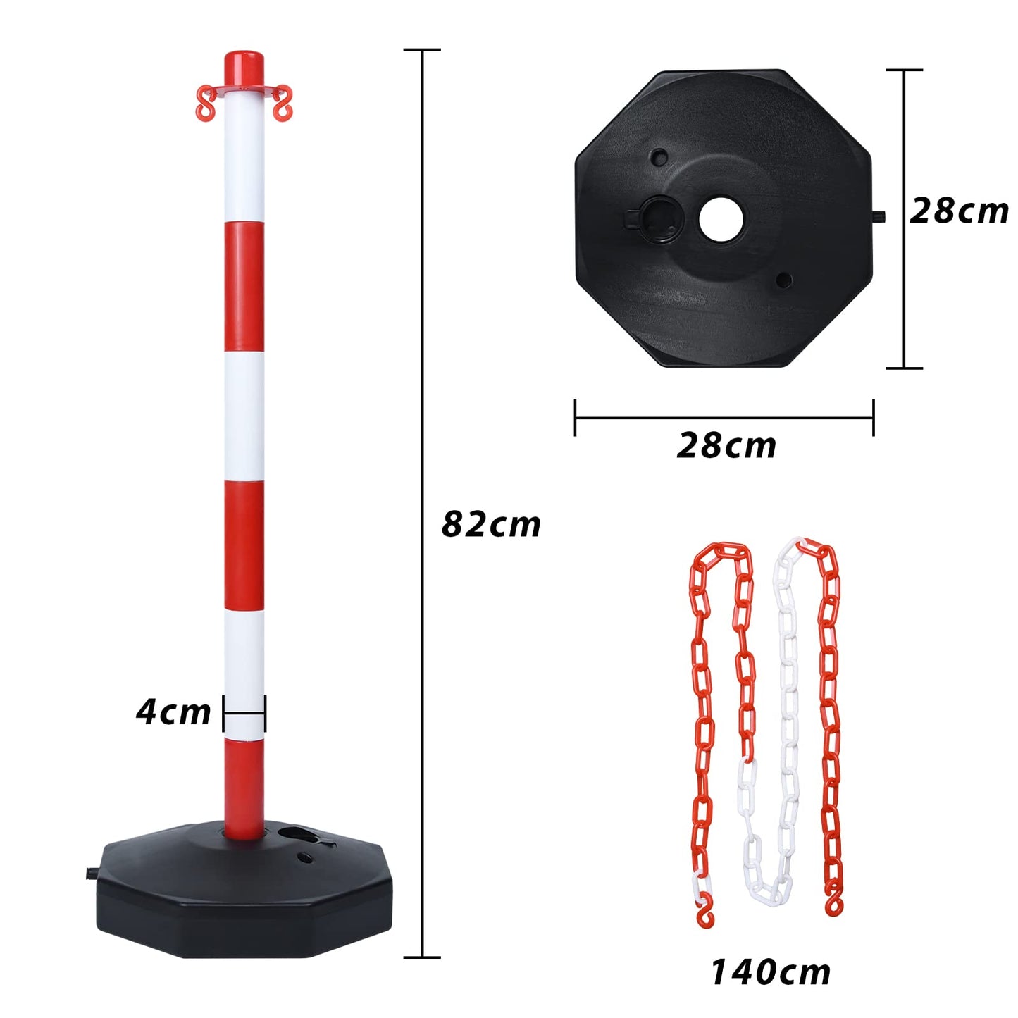 UISEBRT 4 Stück Absperrpfosten Kettenpfosten aus Kunststoff mit 4 Absperrketten von 140cm, Sperrpfosten mit Standfuß 82 x 28 x 28cm, für Verkehrskontrolle Warnung, Rot und Weiß