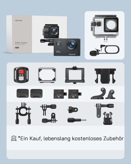 WOLFANG GA100 Action Cam 4K 20MP Unterwasserkamera WiFi 40M wasserdichte EIS Bildstabilisator Helmkamera 170°Weitwinkel Camcorder (Externem Mikrofon, 2.4G Fernbedienung, 2 Akkus und Zubehör Kit)
