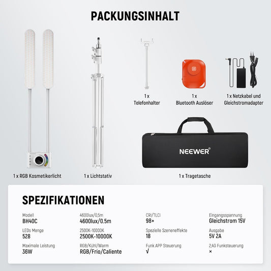 NEEWER RGB Beleuchtungsset für Kosmetiker, Handy APP Steuerung/Touchbar, separater Steuerung, Doppelarm LED Videolicht Telefonhalter/Ständer/Tasche, 2500K-10.000K, 18 Szenen für Tattoo Wimpern, BH40C