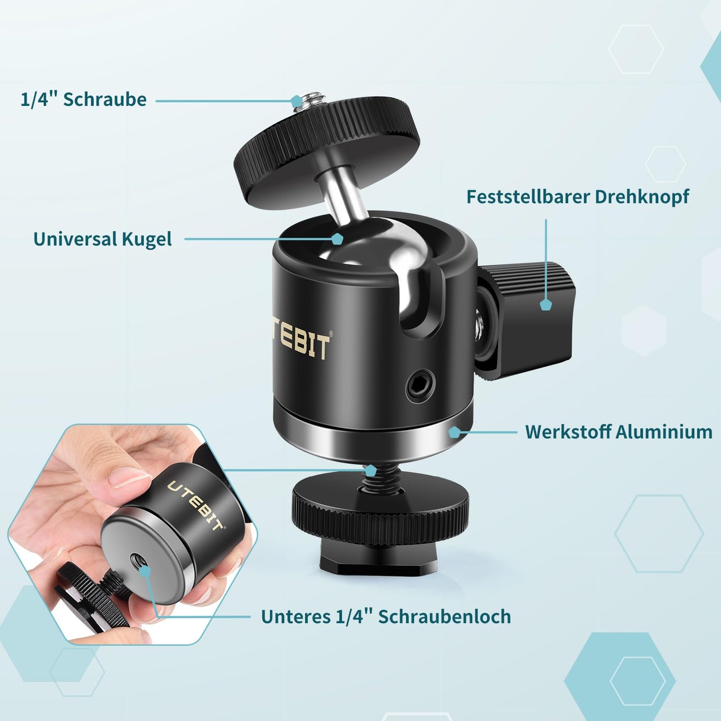 UTEBIT Mini Stativkopf Kugelkopf mit 1/4 Blitzschuhadapter 360° Drehbar Ball Head mit Kamera Hot Shoe Kugelgelenk Halter Kompatibel für Nikon, HTC Vive VR