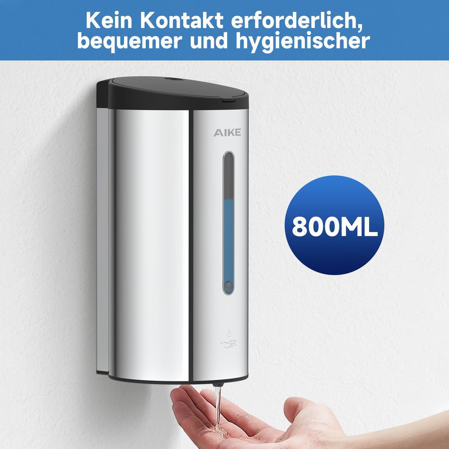 AIKE AK1205 Seifenspender Automatisch Wandbefestigung, 800ml Kommerzieller Automatischer Flüssigseifenspender Wandmontage, 5 Gänge einstellbar