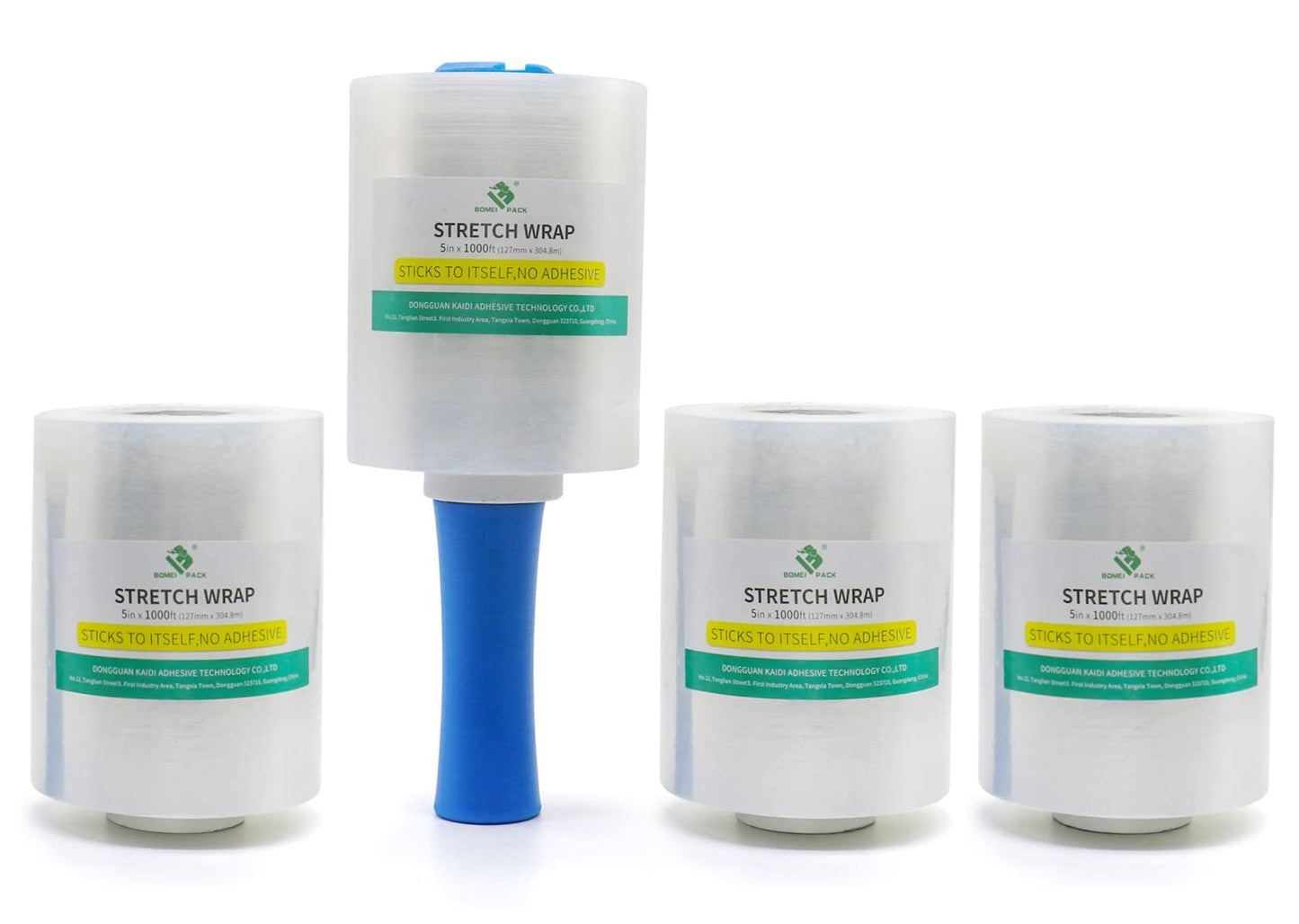 BOMEI PACK Mini Stretchfolie, Handfolie Wickelfolie, 20my x 127mm x 300m, Packfolie Transparent, 4 Rollen mit 1 Griff