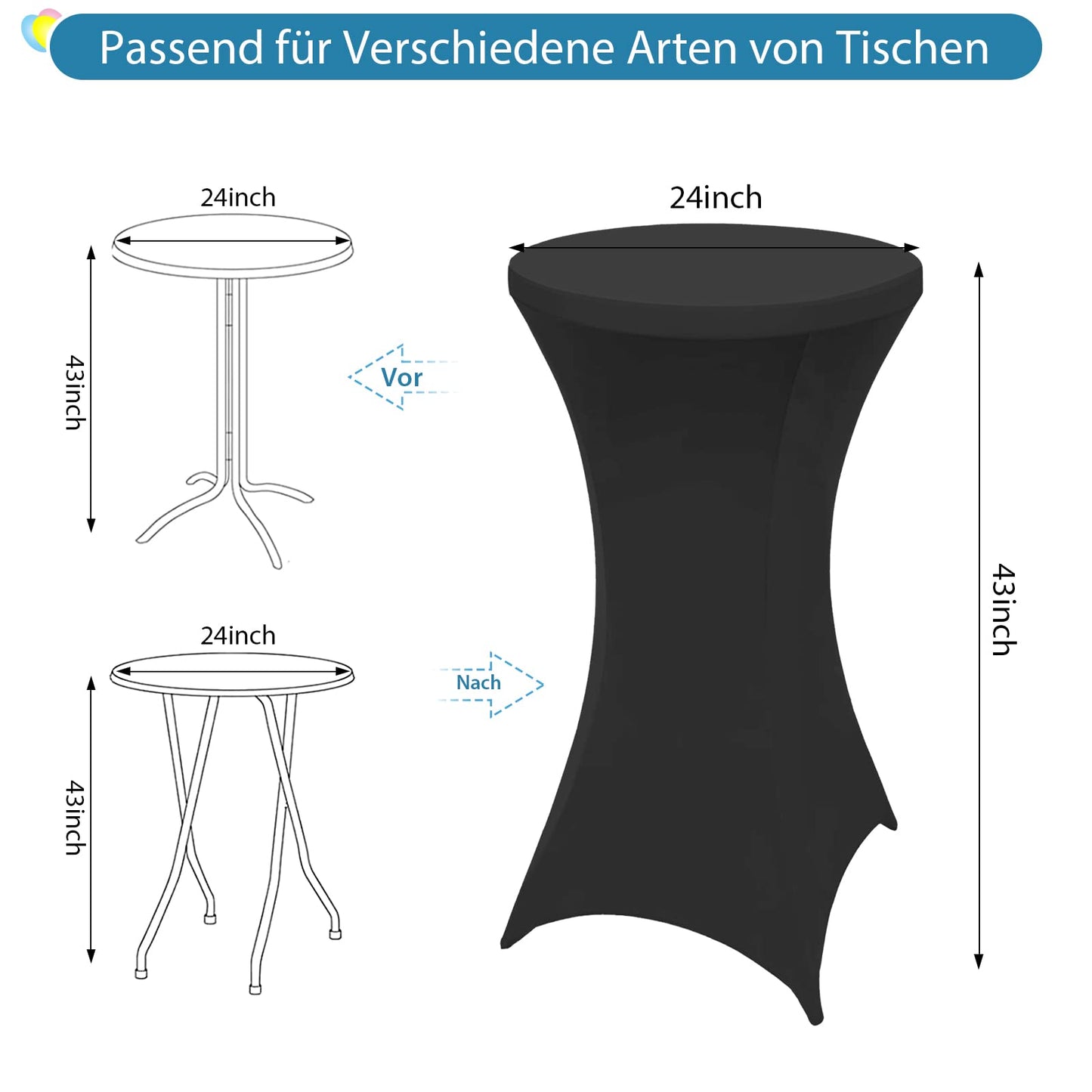 Acelectronic 6er Set Stretch Stehtisch Husse Schwarz Ø 60-65 cm Stella – Verstärkung im Fußbereich & 40°C waschbar, rutschfest & bügelfreie Husse für Stehtisch & Bistrotisch als Tisch-Überzug