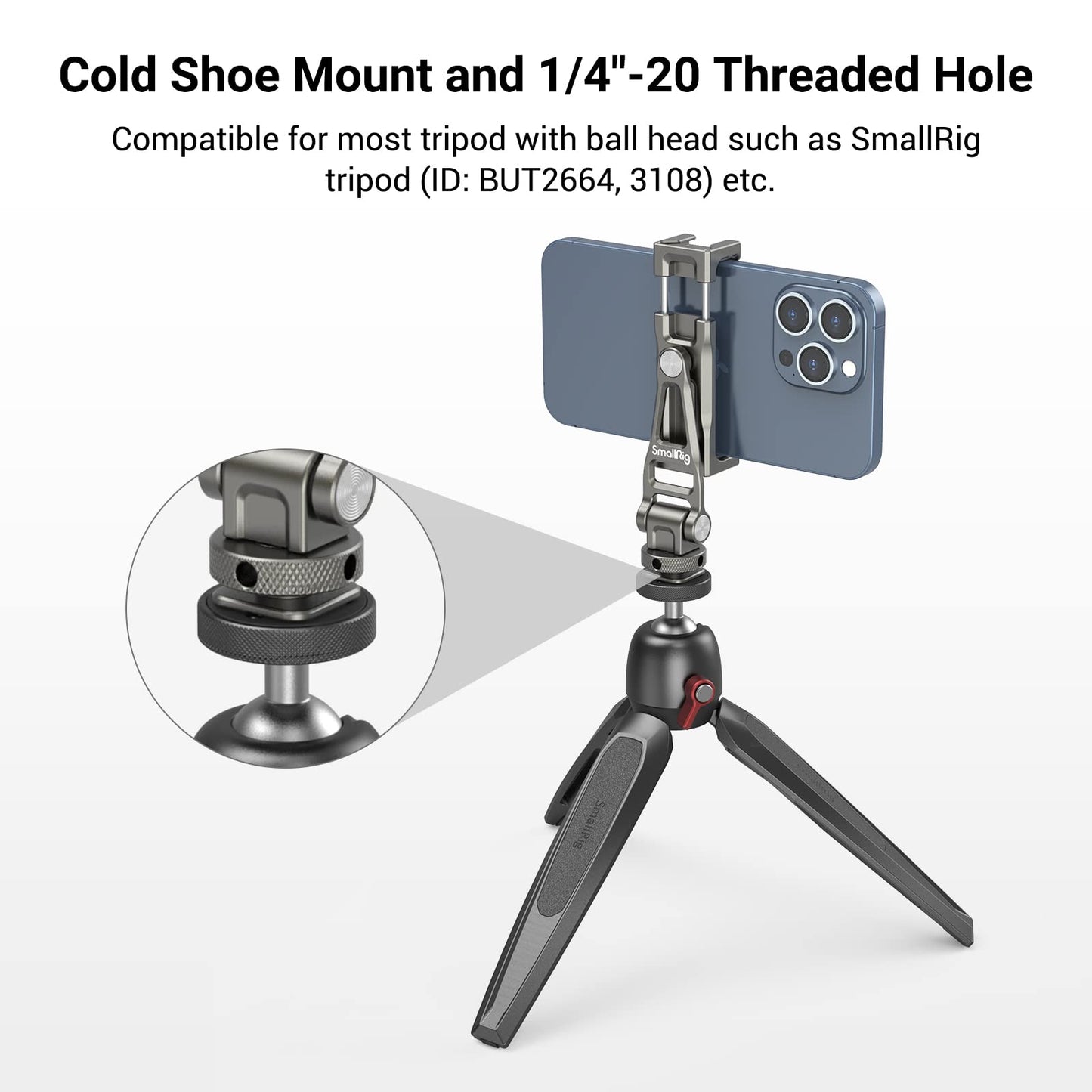 SMALLRIG Handyhalterung Universal Telefonkamera Halterung with Cold Shoes and 1/4" Threaded Hole 360° Rotation Phone Camera Mount für Filmemachen, Vlogging -3559