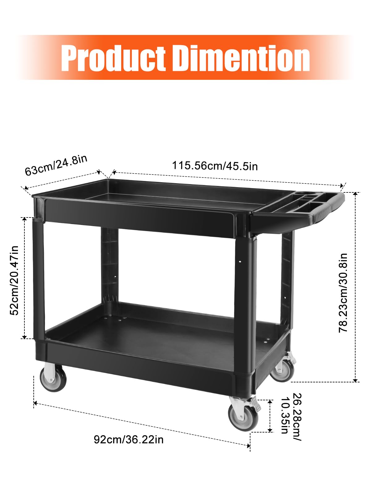 Kalolary Schwerer Mehrzweckwagen auf Rädern – 2-stufiger Rollwagen, belastbar bis 550 Pfund, robuster Servicewagen mit feststellbaren Rädern, mobiler Werkzeugwagen für Werkstatt, Lager & Garage, Schwarz