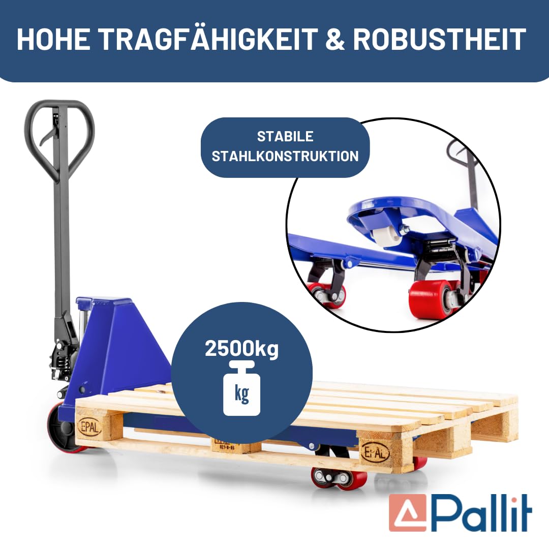 Pallit FIVE Hubwagen 2500 kg Palettenwagen 1150 mm Gabellänge Blau Robuster Gabelhubwagen mit PU Rollen Handhubwagen aus Stahl, langlebig