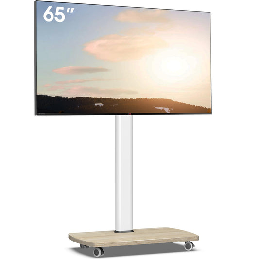 AOKCOS TV Ständer Rollbar mit Holzablage, Fernsehständer auf Rollen für 32-65 Zoll Fernseher, TV Bodenständer Höhenverstellbar Schwenkbar, bis 40 kg Max. VESA 400x400mm (Weiß+Natur)