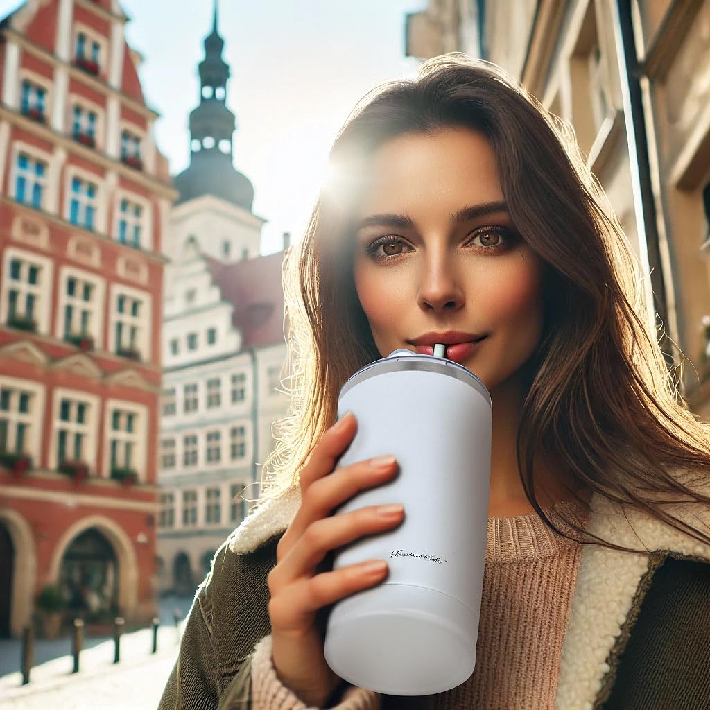 Rosenstein & Söhne Isolierbecher 600 ml – Edelstahl, Weiß, inkl. Deckel & Edelstahl-Strohhalmen