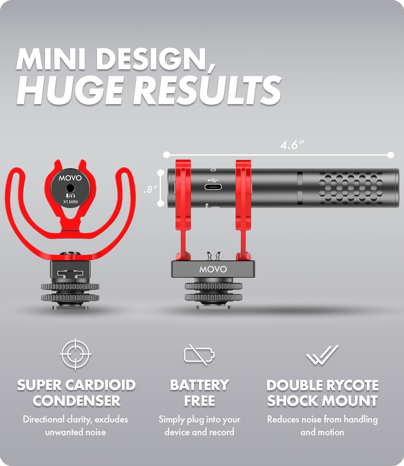 Movo X1-Mini Video Shotgun Mikrofon für Kamera Superniere 3,5 mm/USB-C Analog/Digital Kameramikrofon für DSLR, iPhone und Android Smartphones, Computer - Kompatibel mit Canon EOS, Nikon, Sony