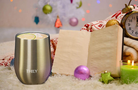 THILY Edelstahl-Weinglas 340 ml – Funkelndes Champagner, vakuumisoliert mit Deckel & Strohhalm