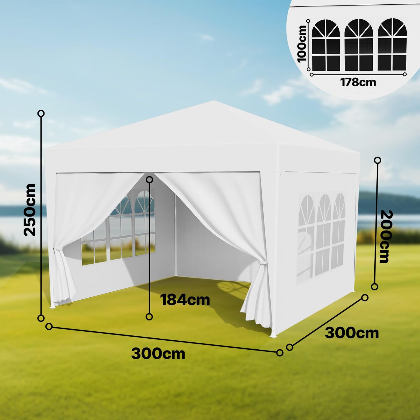Pavillon 3x3m Wasserdicht, Garten Pavillon Stabil Stecksystem-Metallgestänge, Festzelt, Erdhaken-Seil, Party Zelt PE-Plane, Faltpavillon mit Seitenwänden für Party-Camping-Markt, UV-Schutz, Weiß