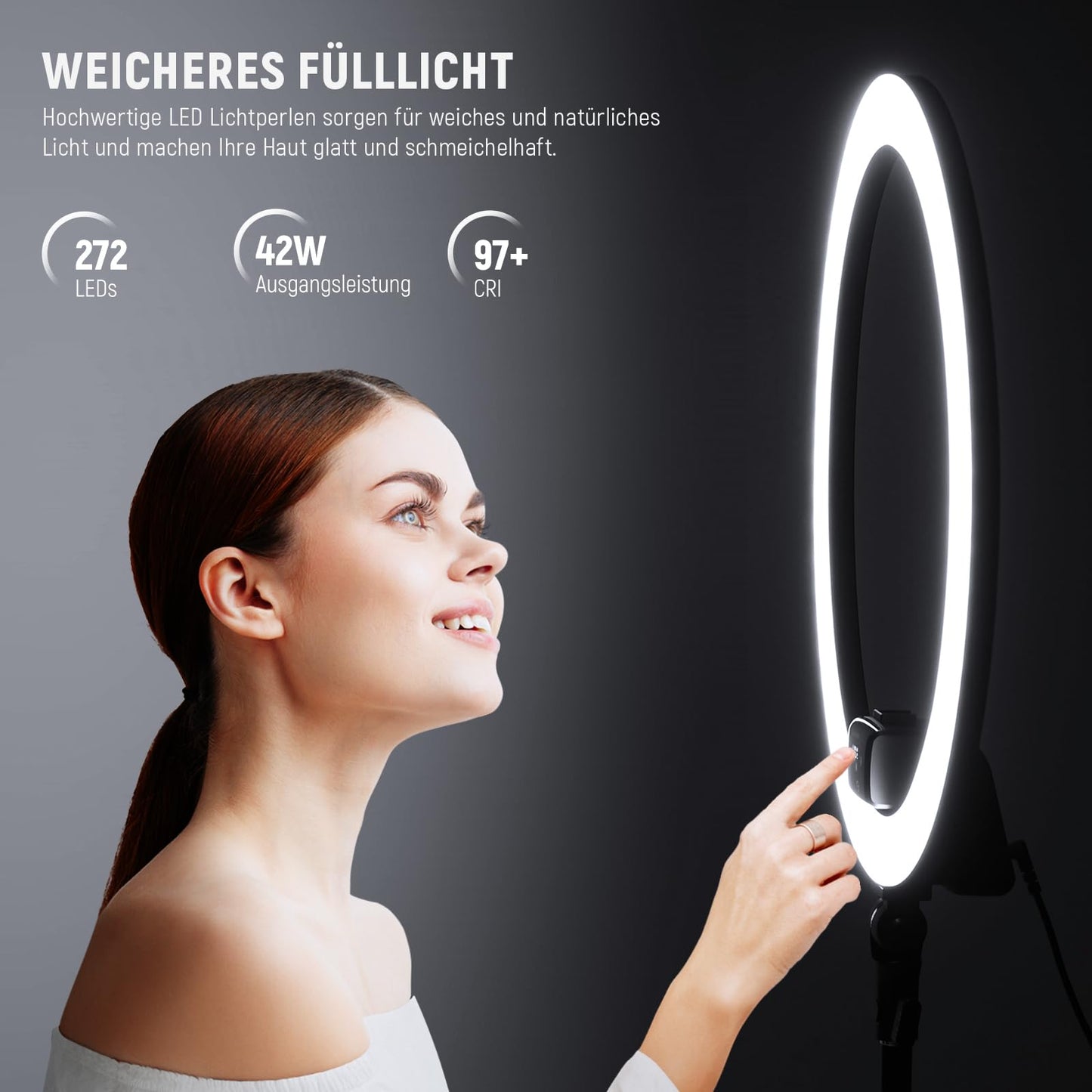 NEEWER Ringlicht SRP18-2,4G 18 Zoll LED mit Ständer und Telefonhalter, 2,4G & Manual Touch Control Professional Ringlicht, 42W 3200-5600K für Tattoo Wimpern Friseur Fotografie Beleuchtung,(Schwarz)