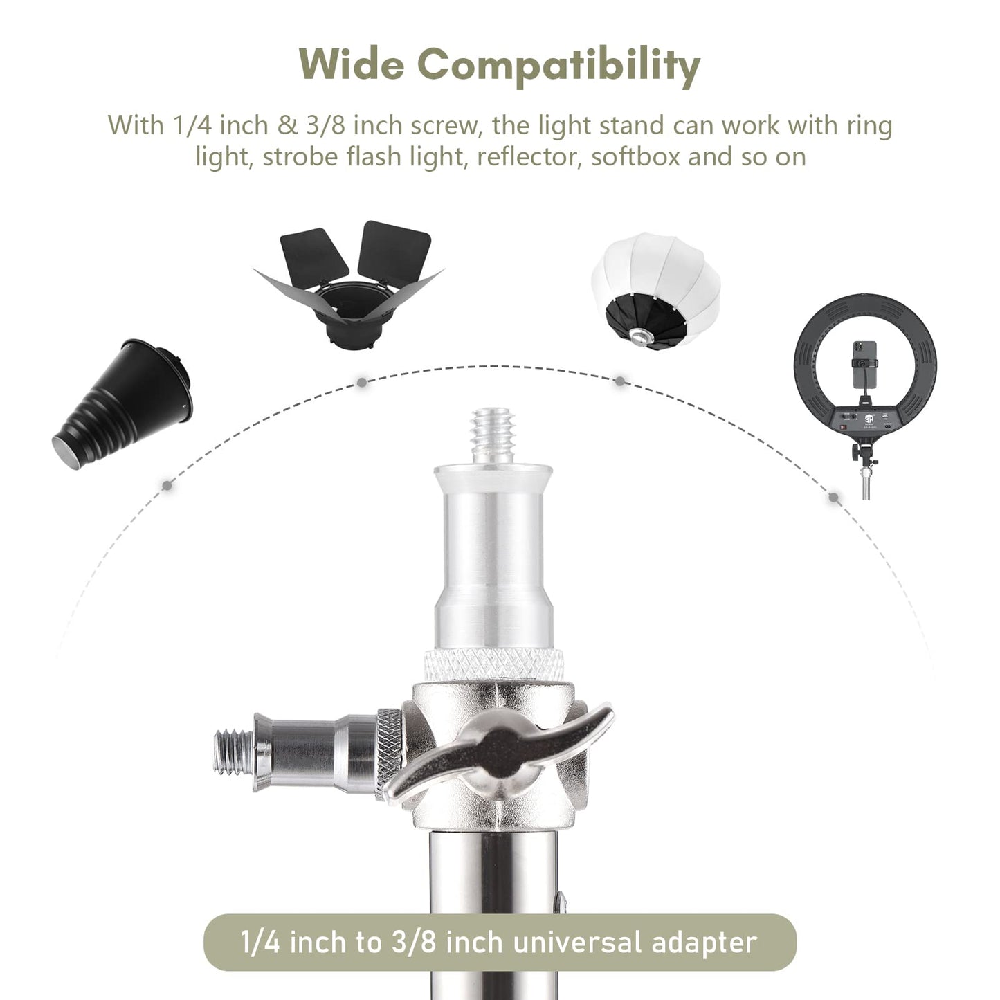 Andoer Edelstahl Lichtstativ 280cm - Hochleistungs-Fotoleuchtenstativ für Studio Softbox, Monolight, Videoleuchte und Blitzlich - Mit 1/4 Zoll und 3/8 Zoll Schraube - Silberfarben