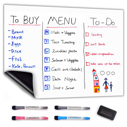 CUHIOY Magnetisches Whiteboard Kühlschrank Magnettafel A3 für Familie Menü Wochenplaner, Einkaufsliste, Memo Erinnerung Notiz,Kinder Graffiti abwischbar Flexible Magnet White Board,4 Markers 1Radierer