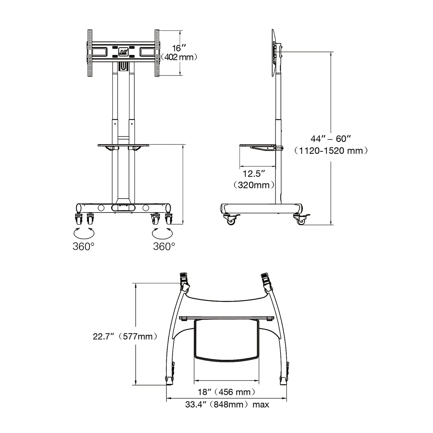 Ergosolid TV-Halterung mit Rollen, Fuß schwenkbar und höhenverstellbar von 32 bis 65 Zoll (81 - 165 cm), VESA max. 600 x 400 mm, maximale Tragkraft 45,5 kg, AVA1500B-2020