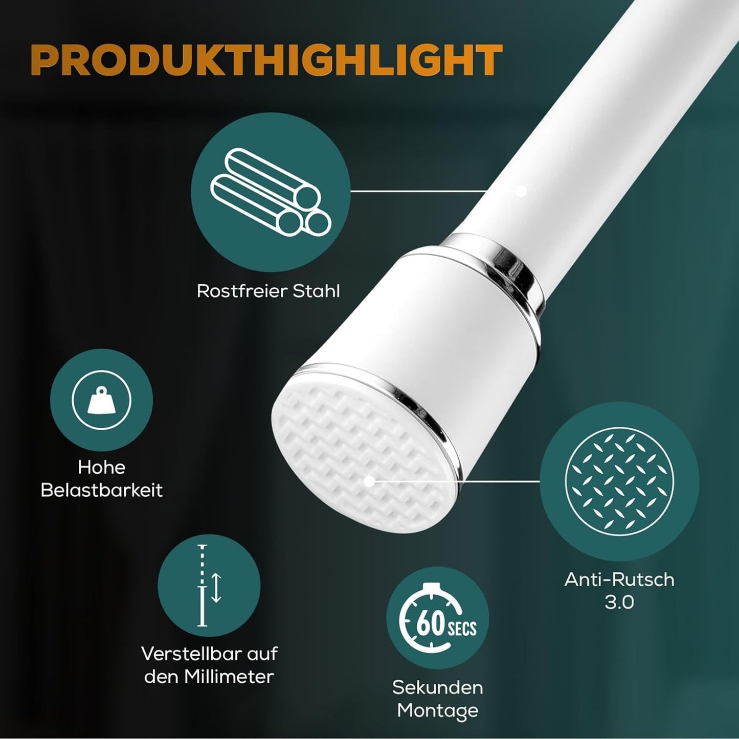 MEISENBERG Teleskopstange 220-270 cm Ø32mm, Weiß – Gardinenstange ohne Bohren, Klemmstange Ausziehbar, Vorhangstange zum Klemmen – Ideal für Vorhang & Gardinen