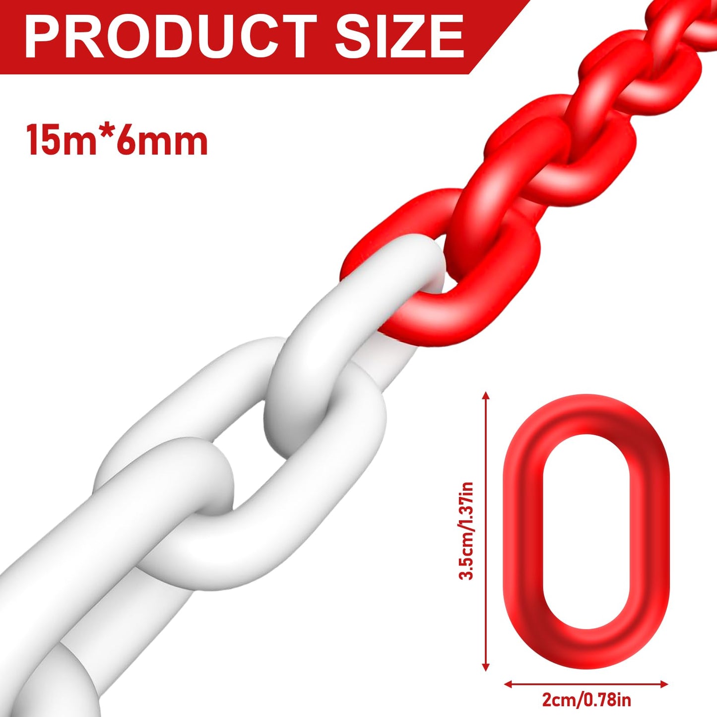Absperrkette Kunststoffkette Absperrung 15 Meter x 6mm Absperrkette Rot Weiß Kunststoff Warnkette Plastikkette Kunststoff-Gliederkette für Warnsicherheit Parkplatz Absperren
