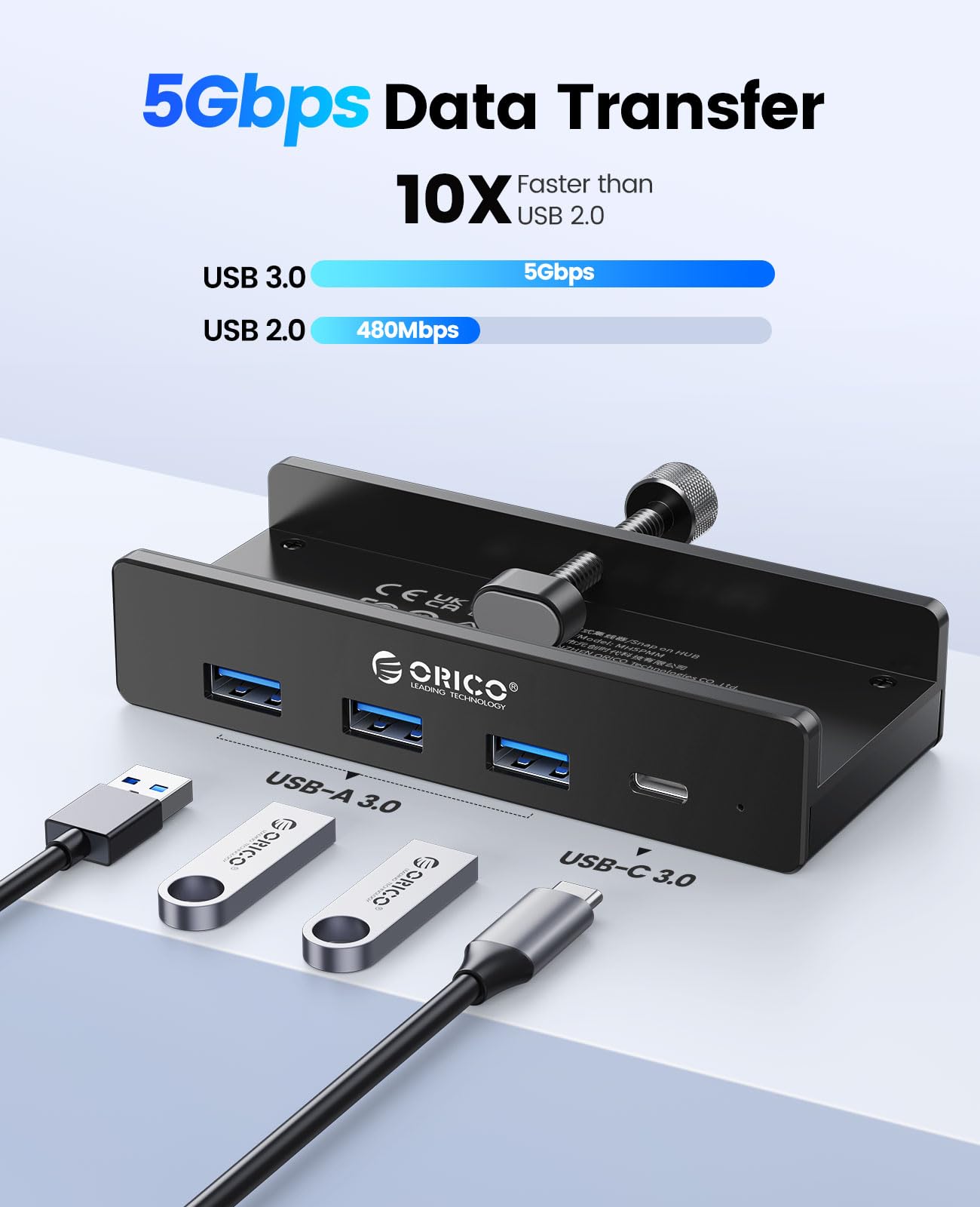 ORICO USB Hub, Aluminum USB 3.0 Hub Clip mit 5V Stromversorgungsanschluss, 5Gbps 4 Port USB Verteiler mit 3 USB-A 3.0 und 1 USB-C 3.0, 100cm Kabel (C auf A/C), fĂĽr Monitoren, Schreibtischen, Schwarz