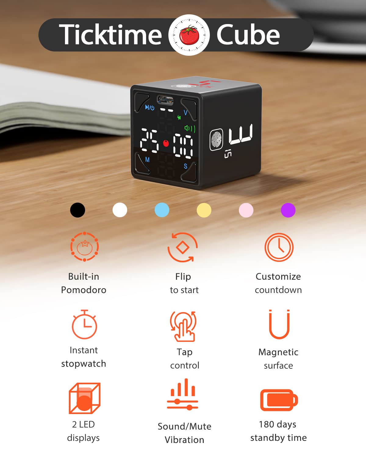 Ticktime Timer, Pomodoro , Magnetischer Digitaler , Zeitmanagement Tool mit Stummen, Vibrations und Tonalarmen,Cube für ADHS, Arbeit, Büro, Studium, Aufgabe, Kinder, Kochen, Sport