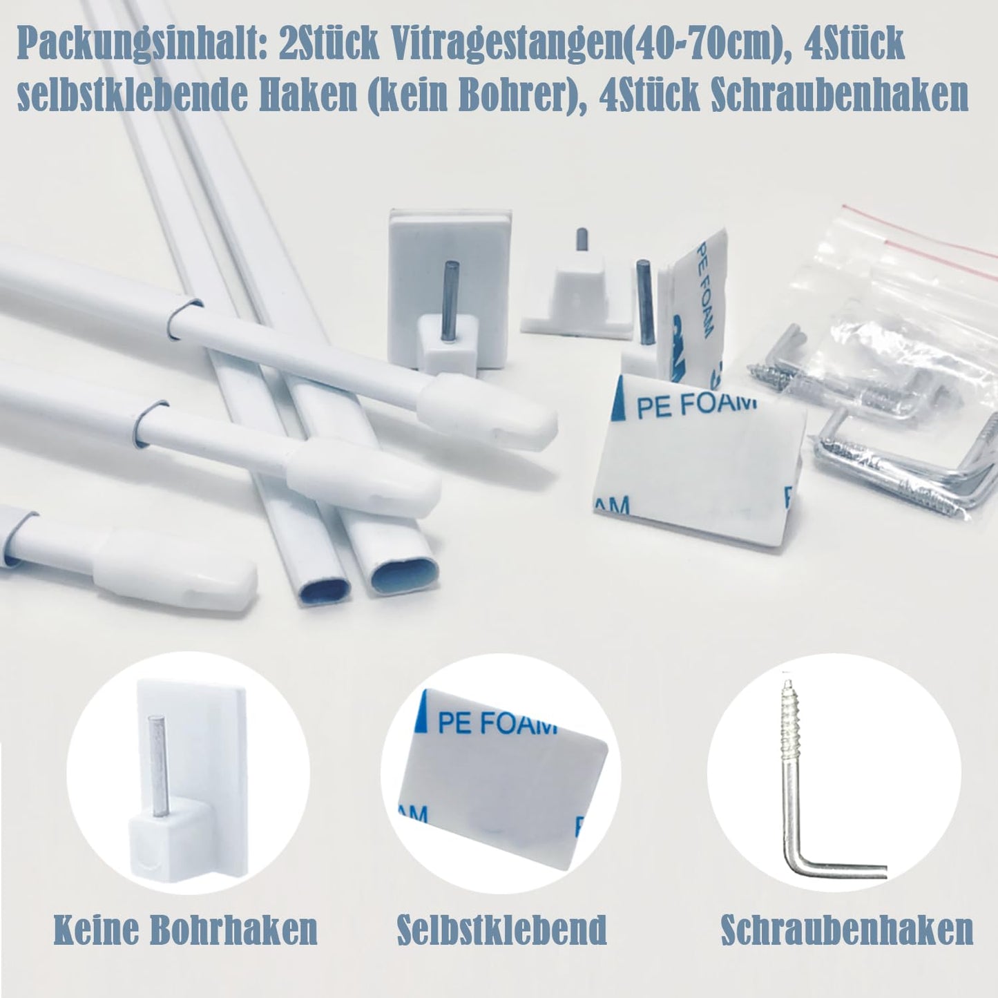 2 Stücks Gardinenstange Ausziehbar, Genster Gardinenstange, Ausziehbare gardinenstange, für Store,Schrank,Fenster, Küche, DIY-Projekte(40-70CM,Weiß)