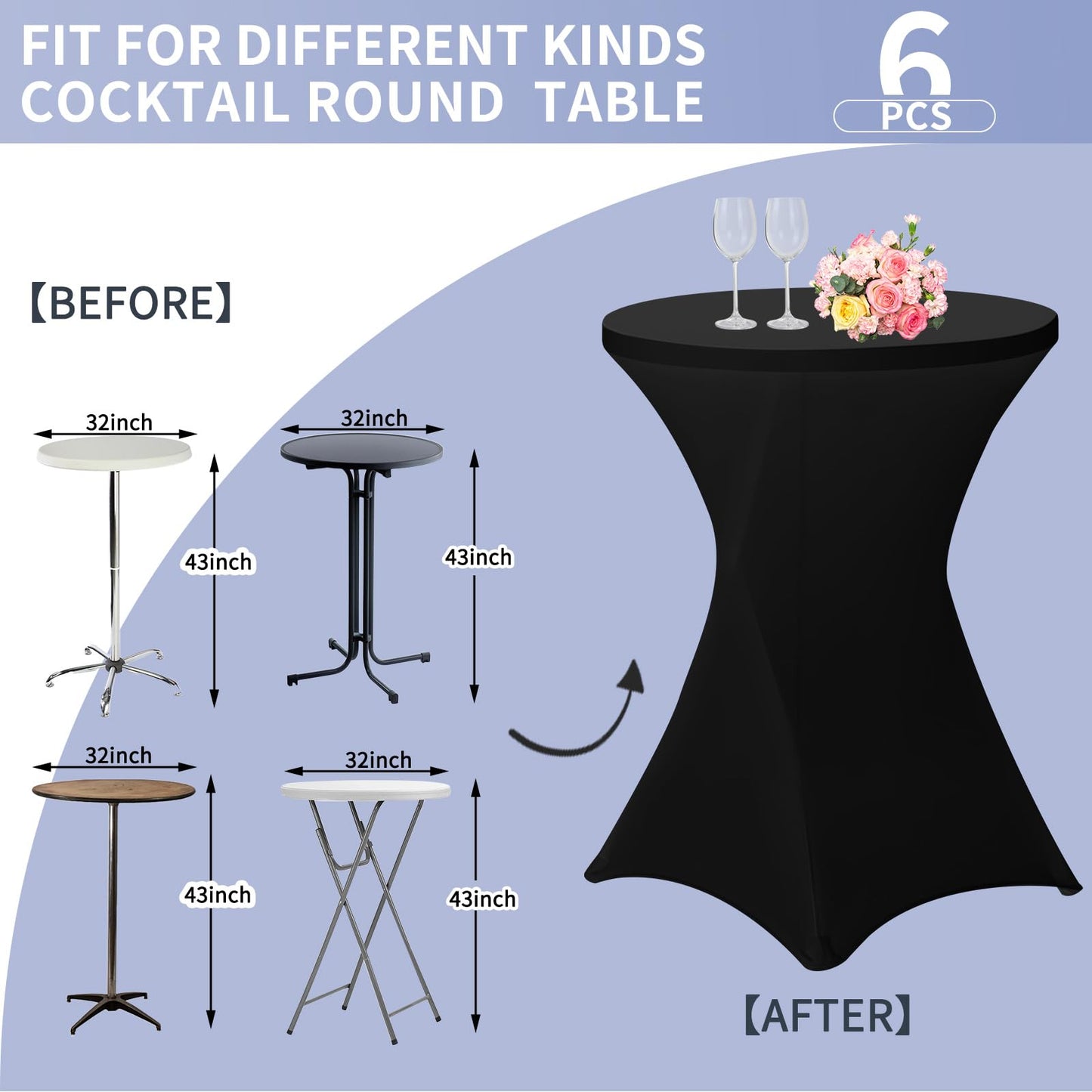 6er-Set Stretch Stehtisch Husse für Bistrotisch Ø 80-85 cm Spandex Stretch Tischdecke, Verstärkung im Fußbereich, Für Hochzeit Geburtstagsfeier Hussen für Stehtische und Bistrotische(80×110cm,Schwarz)
