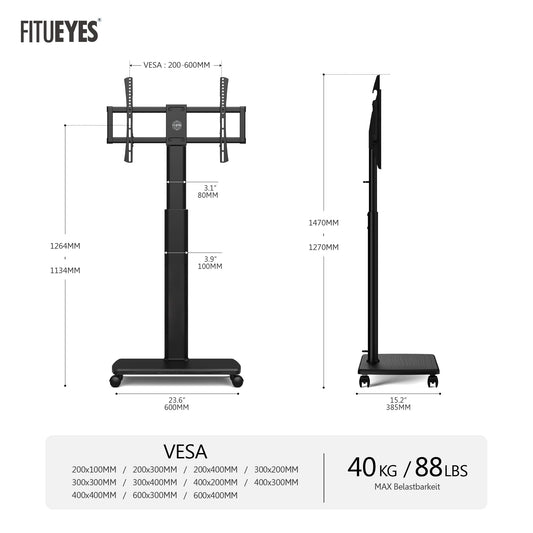 FITUEYES TV Bodenständer Rollbar mit Holzablage TV Standfuß TV Ständer Fernsehstand mit Rollen höhenverstellbar schwenkbar für 32 bis 70 Zoll Flachbildschirm bis zu 40kg. Max. VESA. 400 * 600