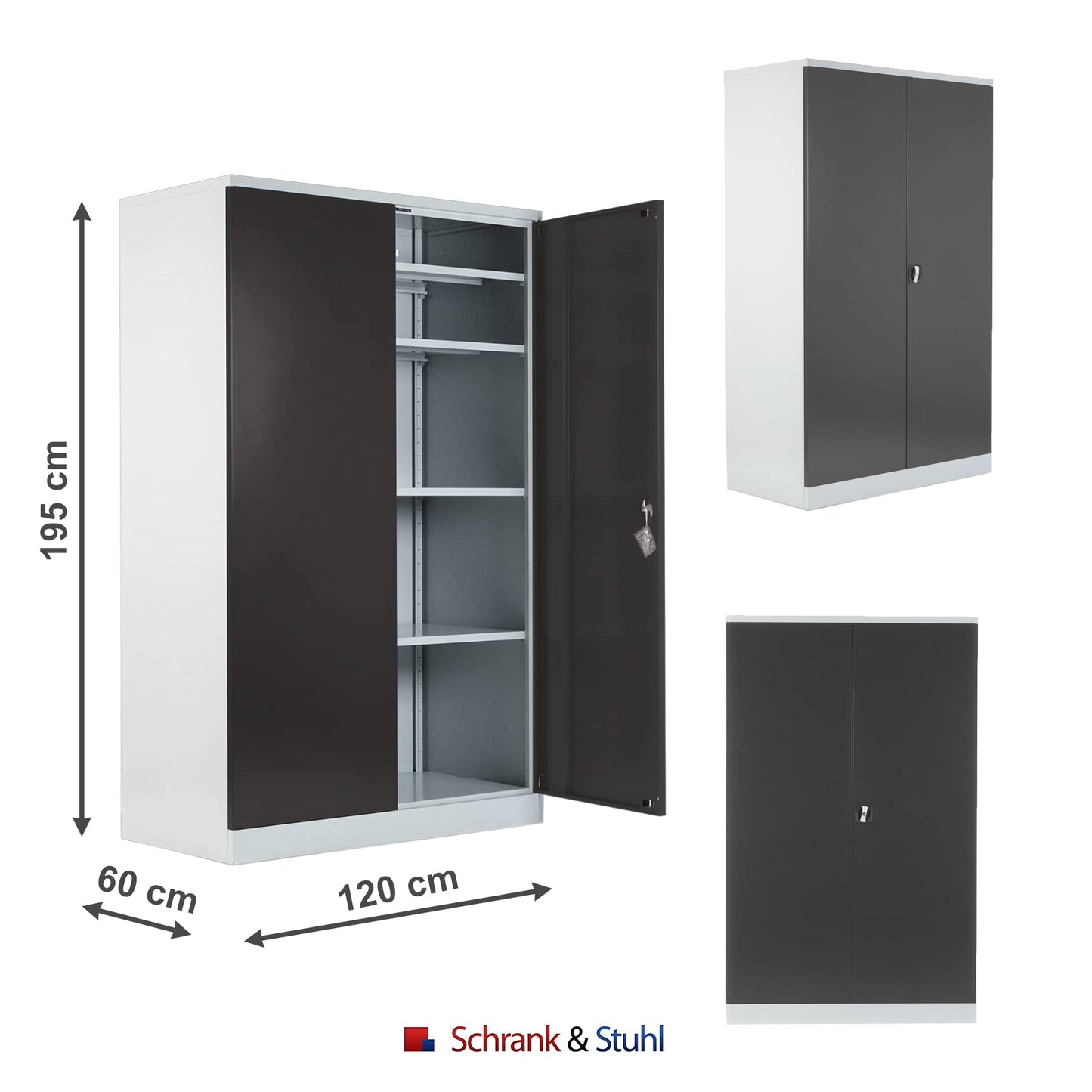 Schrank & Stuhl Werkzeugschrank Koloss – Werkstattschrank mit 4 höhenverstellbaren Fachböden, Stahlschrank für Werkzeuge, 195 x 120 x 60 cm (H x B x T), Grau/Anthrazit
