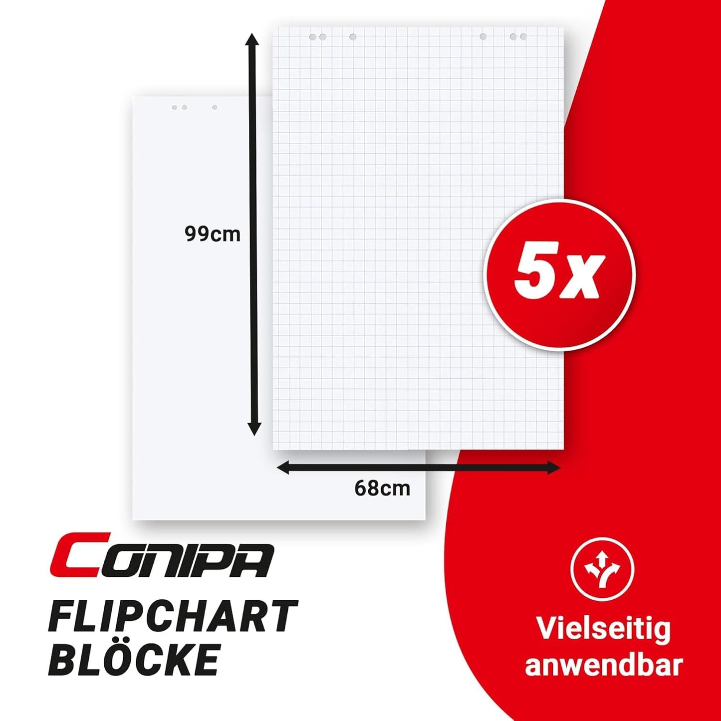 Conipa® - 5 x Set Flipchart Papier Block 68x99 cm weiß (KARIERT) 80 g/qm - 5 Blöcke à 20 Blatt INKL. 4 x Flipchart-Stifte (Marker) - Whiteboard-Papier & Blöcke - Board Paper für Charts & Meetings