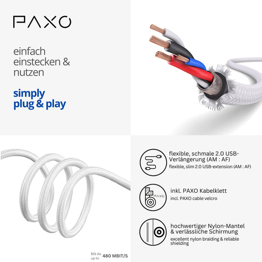 PAXO 1m Nylon USB 2.0 Verlängerung weiß, A-A Verlängerungskabel, Aluminiumstecker, Stoffmantel