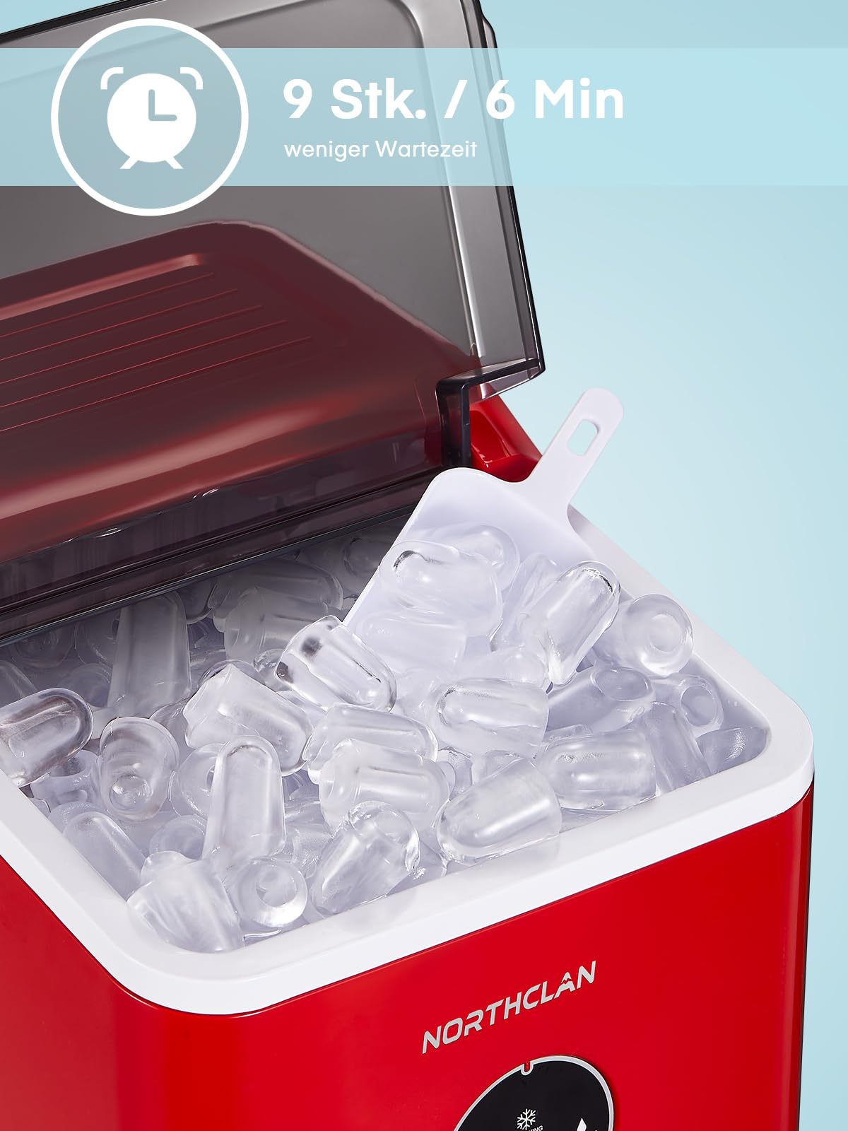 Eiswürfelmaschine Testsieger 2024, 14 kg 24 Stunden, 9 Eiswürfel in 6-8 Minuten, Gerauscharmer Betrieb, 120W Ice Maker mit Schaufel u. Korb, Eiswürfelbereiter für Zuhause, Büro (Rot)