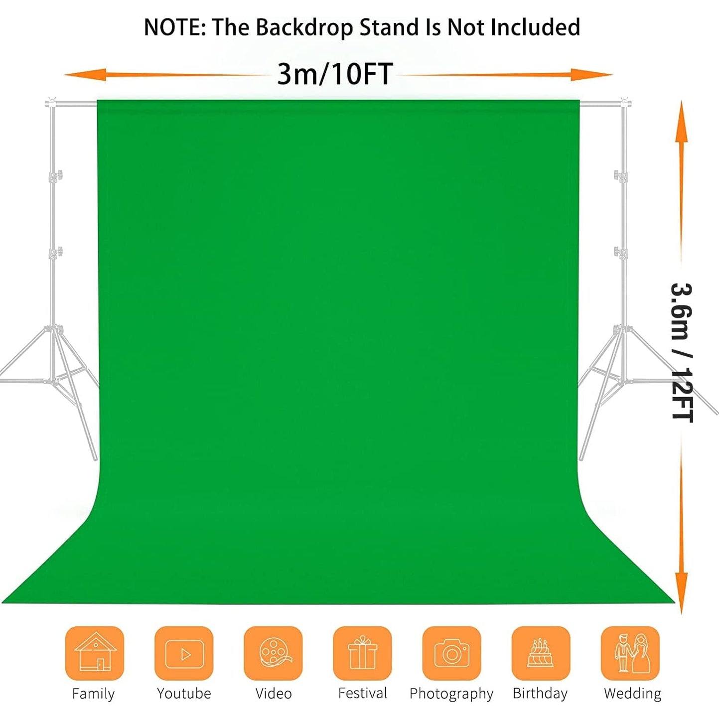 Vevelux Fotografie-Hintergrund 3 x 3,6 M, Foto Hintergrund aus 100% Polyester mit 4 große Studio Klemmen & 4 Tarp Clip, Green Screen für Fotostudio, Video und Fernsehen