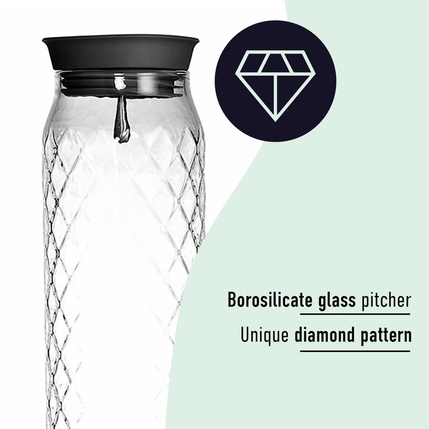 PJCKitchen Wasserkaraffe aus Glas, 1.2 Liter, Glaskaraffe mit Deckel, Silikondeckel, Höhe 30.5cm Karaffe